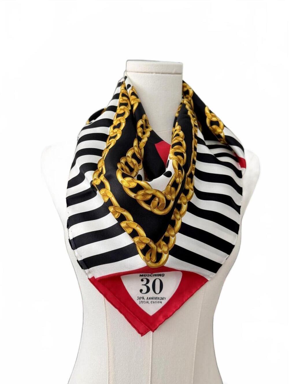 Moschino 30 Years Silk Scarf Wrap Multi-Print Chain Heart Logo New With Tags